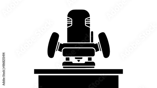 A black and white illustration of a planer on a workbench in a workshop