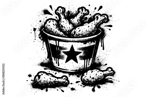Grunge style fried chicken bucket with drumsticks and splatter art