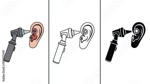 An illustration of an ear being examined with an otoscope in different styles