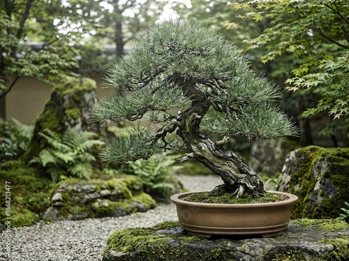 Elegant Japanese black pine bonsai tree displayed in a shallow ceramic pot within a tranquil garden