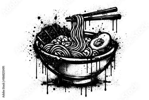Artistic black and white ramen bowl with splattering ink effect