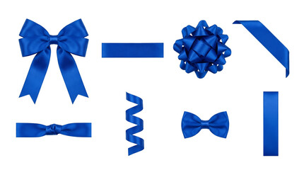 Blue satin ribbon set including gift bows, flat strips, curly strand, and corner border isolated. Decorative elements for holiday presents and celebration wrapping.