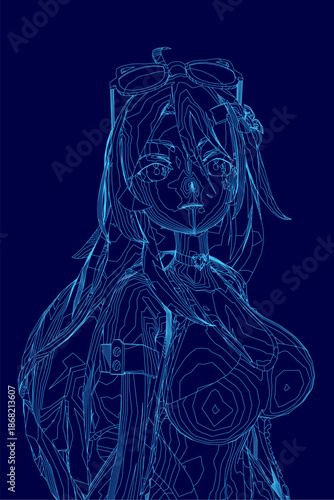 A blue anime girl with long hair and glasses on her head wears a swimsuit against a dark blue background.