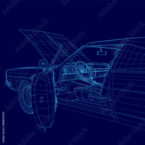 A vintage sports car wireframe model with an open hood, realistically rendered in 3D against a solid blue background.
