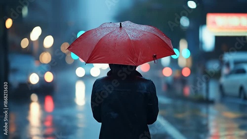 A person with a red umbrella walking in a rainy urban setting.
