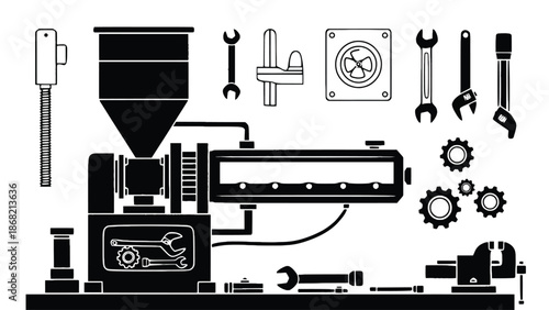 Industrial machine vector illustration with various tools and equipment
