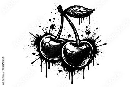 Grunge ink style cherries with splatter and stars