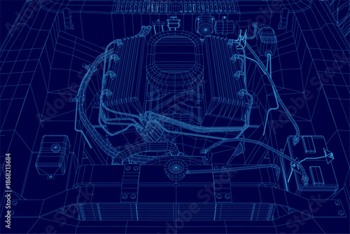 Detailed blueprint of a vintage sports car engine, presented as a technical wireframe diagram on a solid blue background.