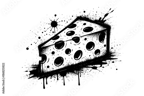 Grunge style cheese slice with splatter and ink texture