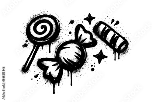 Grunge ink style candy collection with lollipop, wrapped sweet, and candy stick
