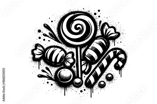Monochrome candy explosion with lollipop and sweets in graffiti style
