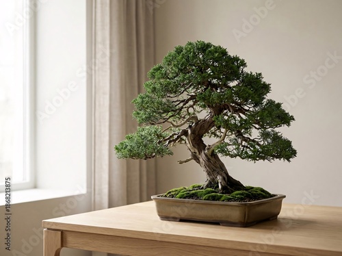 An ancient juniper bonsai tree with lush green foliage sits in a brown rectangular pot indoors