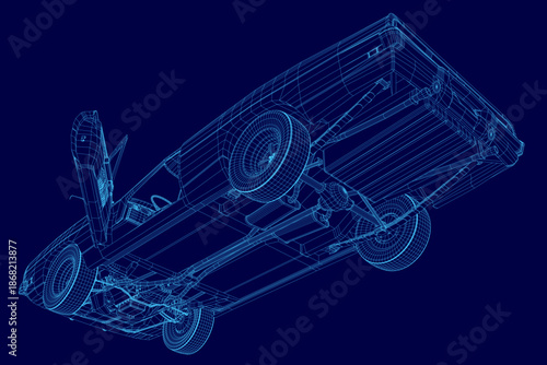 A vintage sports car wireframe model rotates on a solid blue background, revealing detailed engineering blueprints and technical schematics.