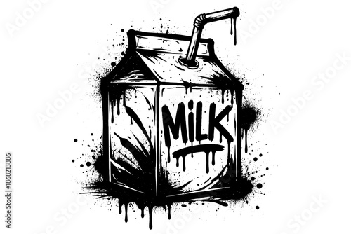Hand-drawn dripping milk carton with straw in black ink splatter style