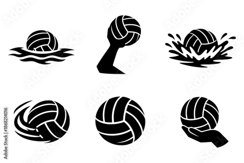 Set of volleyball icons with splash and hand silhouette designs