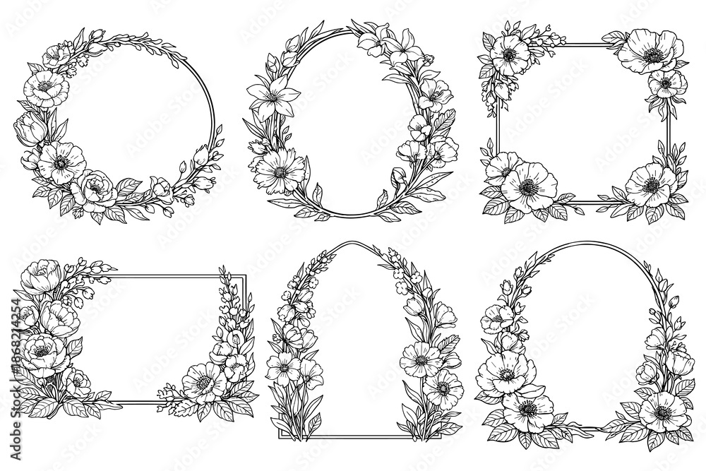 Obraz premium Elegant floral borders with detailed black ink hand-drawn botanical designs