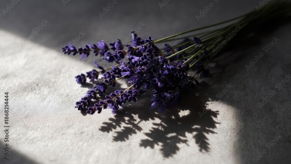 Fototapeta premium Lavender sprigs tied in a small bouquet on a textured surface with long shadows. Concept Lavender bouquet, textured surface, long shadows, rustic decor, soft lighting