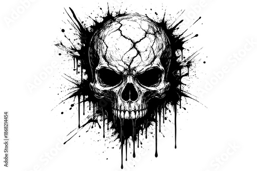 Intricate skull with ink splatter effect on white background
