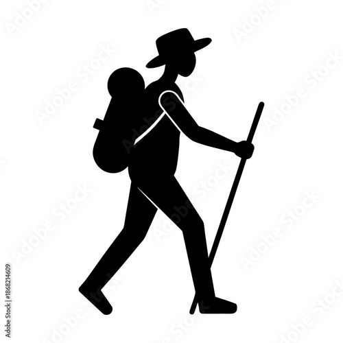 Hiker with Backpack Silhouette on White Background.