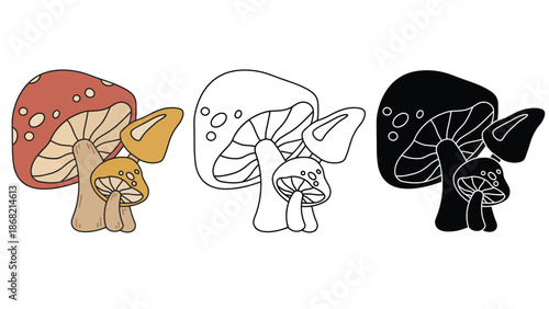 A colorful illustration of mushrooms in different stages of coloring and shading techniques
