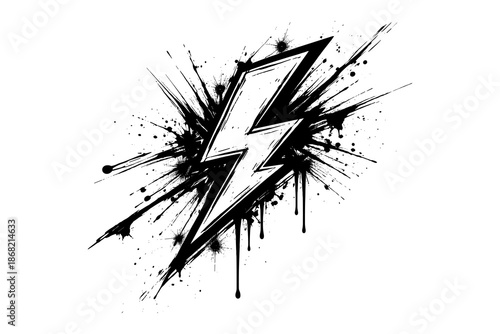 Dynamic grunge lightning bolt with splatter effect in black and white design