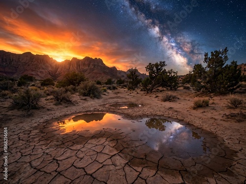 Desert landscape during twilight shows Milky Way sunset glow and water reflection on cracked earth