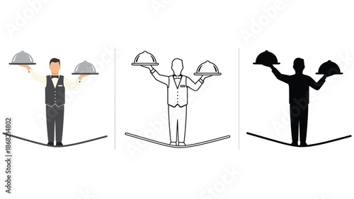 An illustration of a waiter balancing on a tightrope with serving dishes