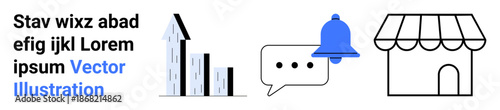 Business growth, notifications, communication, online marketplaces, marketing, local services. Icons of buildings, a notification bell a speech bubble and a storefront. Business growth