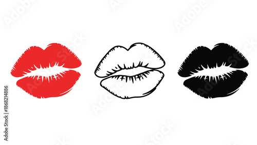 A set of colorful lip prints in red, black, and white on a plain background
