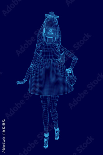 A deluxe wireframe doll in a dress and hat holds an object, rendered in a stylish 3D model against a solid blue background.