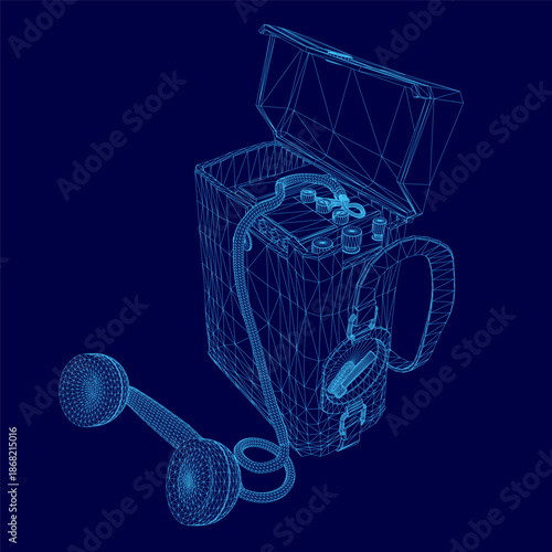 A retro telephone wireframe treasure chest with a microphone sits on a blue field background. The 3D model features clean lines and a conceptual design.