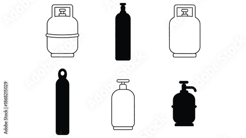 A set of six black and white gas cylinder icons on a plain background