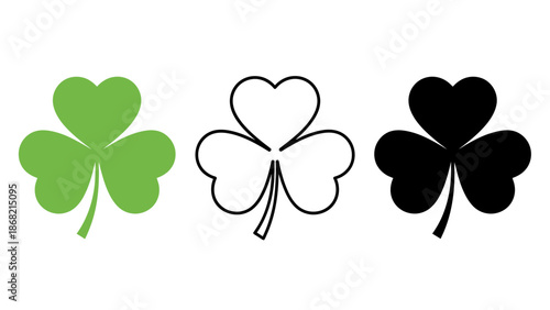 Three clover leaf symbols in green, black and white on a plain background