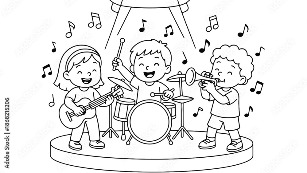 Obraz premium A black and white illustration of three happy children playing musical instruments on stage