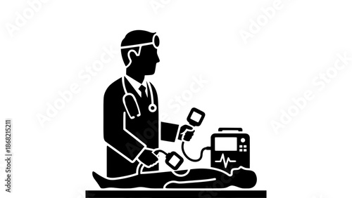 A doctor in a medical setting examining a patient with a defibrillator nearby