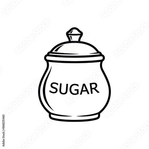 Minimalist black outline vector icon of a sugar jar, symbolizing sweetener storage and kitchen organization, isolated on a transparent background