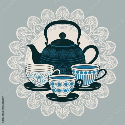 Vintage porcelain teapot and cup of tea or coffee illustration featuring a hot breakfast beverage in a kitchen cafe menu design vector icon