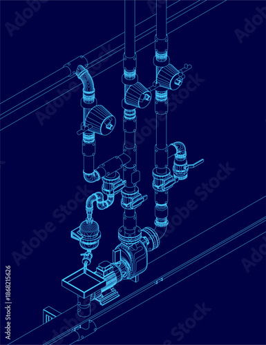 A blue schematic diagram outlines a water supply system with interconnected pipes and valves. An electric pump and engine are integrated into the contour design. Isometric view
