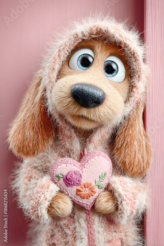 An adorable, fluffy 3D puppy with large blue eyes wears a fuzzy pink hooded robe and tenderly 