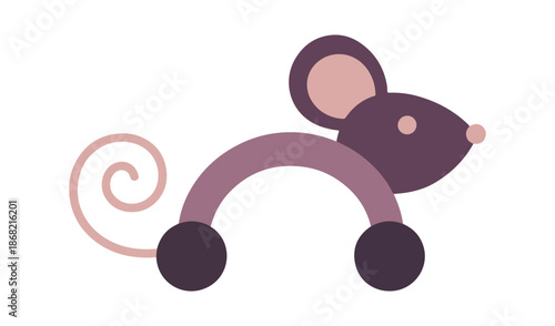 Abstract geometric mouse or rat toy with large ears and curly tail, modern minimalist animal character vector illustration