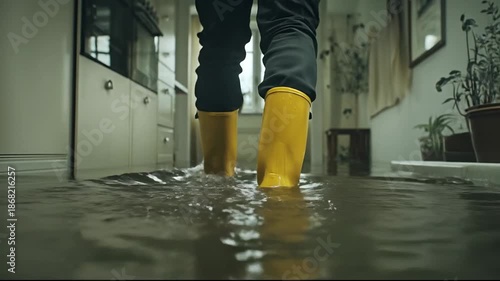 A person in yellow boots wades through indoors flooded water.