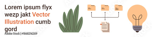 Data management, document organization, creativity, eco-friendly ideas, digital workspaces, information sharing. Icons of grass, folders documents and a lightbulb. Data management and creativity