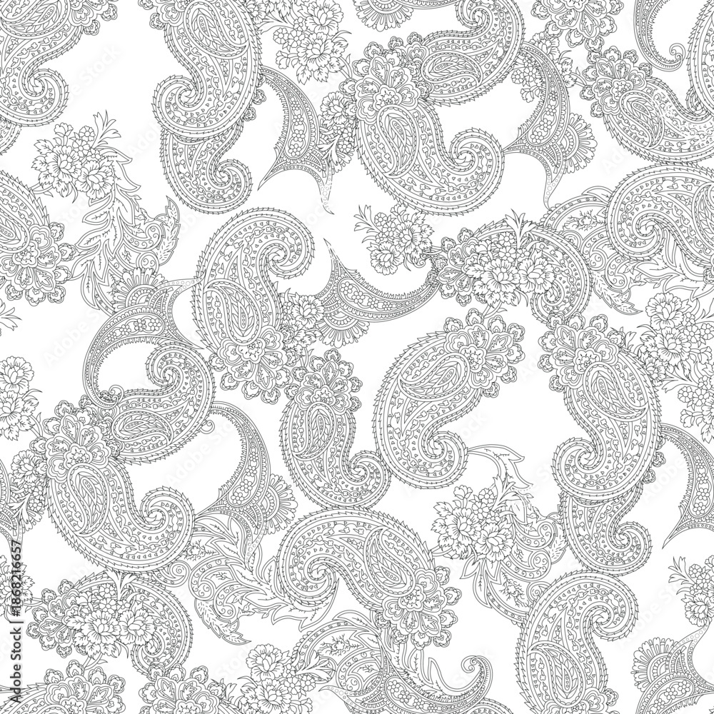 Fototapeta premium Seamless Black and White Paisley Floral Pattern with Intricate Hand Drawn Line Art