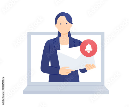 重要なお知らせやニュースの受信。リマインダーや更新情報の確認。メールを持つビジネスウーマン。