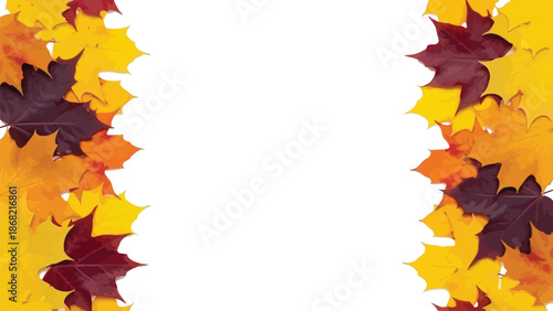 Vibrant autumn maple leaves border on white background with copy space for seasonal fall greeting cards and nature themed designs