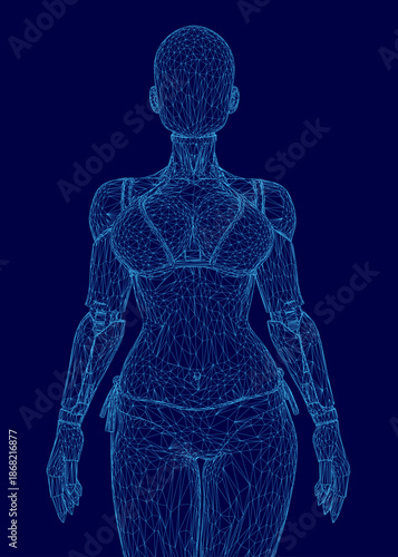 A robotic girl wireframe model stands in a neutral pose, showcasing digital anatomy with glowing blue lines on a dark background.