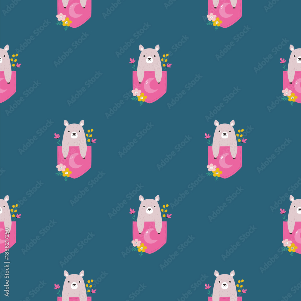 Fototapeta premium Cute Baby Bear Seamless Pattern Cartoon Forest Animal Vector Illustration. Adorable Little Bear Character