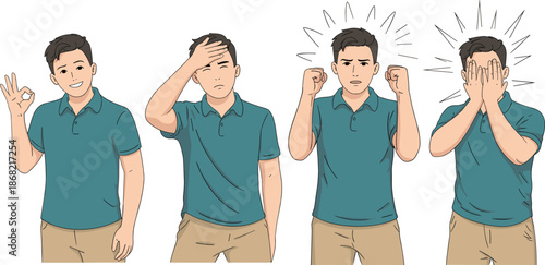 Cartoon character emotions, facial expressions, body language, OK gesture, frustration, anger, embarrassment, teal shirt, emotional reaction, human behavior