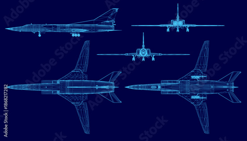 Blueprint of military fighter jets in triangular formation on a blue background. The detailed wireframe set clearly shows engines, wings, and tail structures.