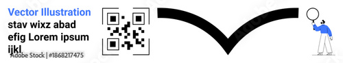 QR code paired with bold arrow pointing towards a person holding a balloon. Ideal for navigation, digital instructions, guidance, direction, technology, marketing, simple landing page